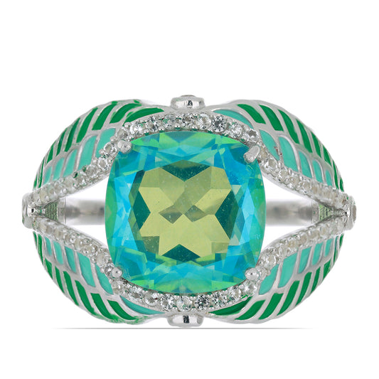 Silberring mit Pfauenquarz und weißem Topas