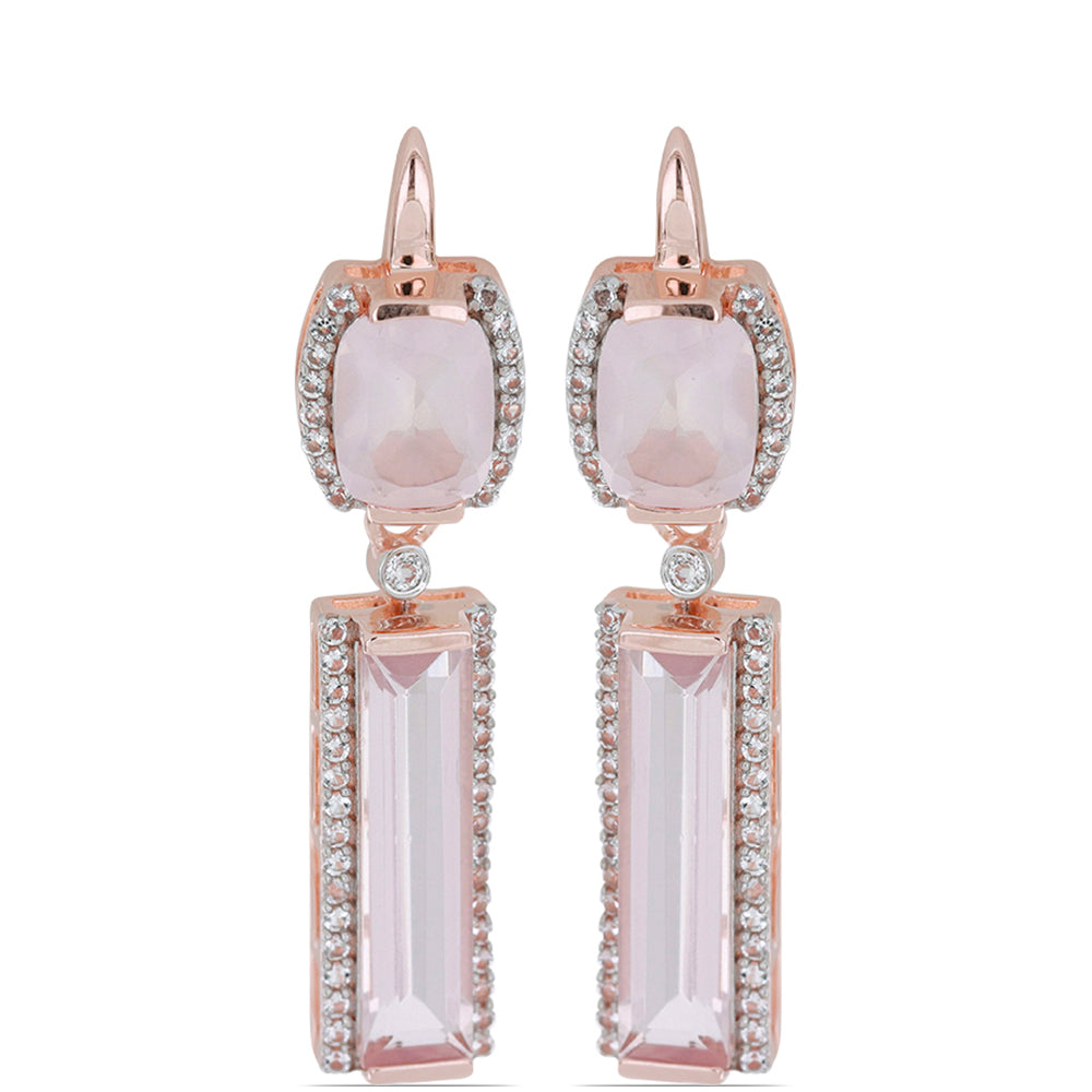 Rosevergoldete Silberohrringe mit Rosenquarz aus Ramaratina und weißem Topas