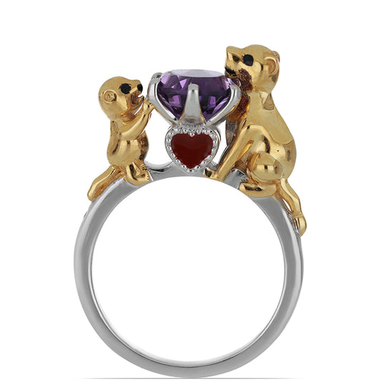 Goldplattierter Silberring mit marokkanischem Amethyst und weißem Diamant