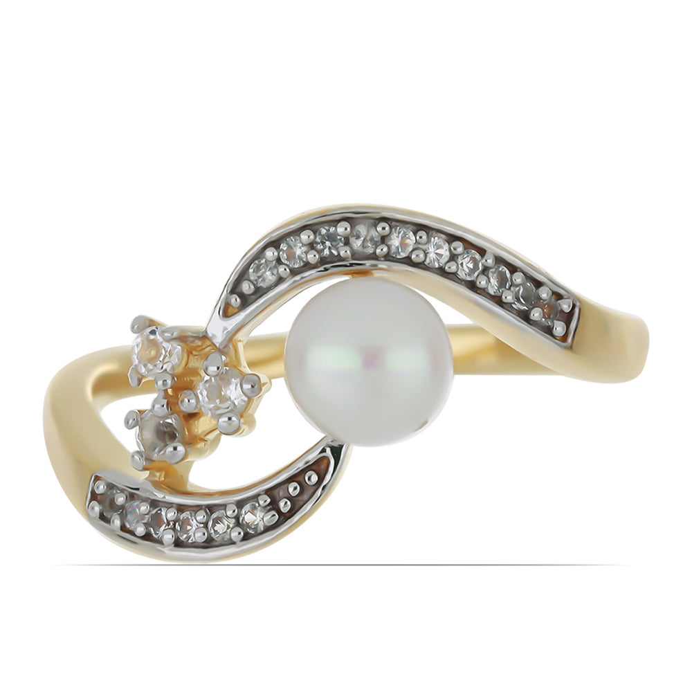 Goldplattierter Silberring mit weißer Süßwasserperle und weißem Topas