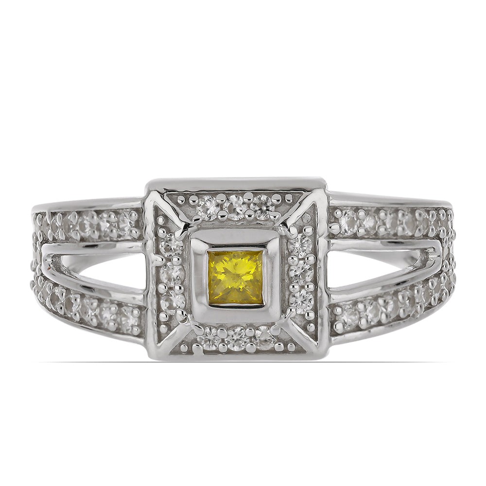 Silberring mit gelbem Diamant und weißem Zirkon 1 