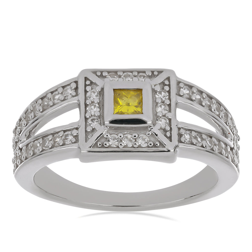 Silberring mit gelbem Diamant und weißem Zirkon