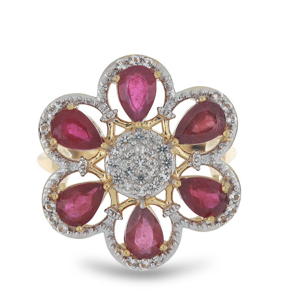 Goldplattierter Silberring mit Rubin aus Madagaskar und weißem Topas 1 