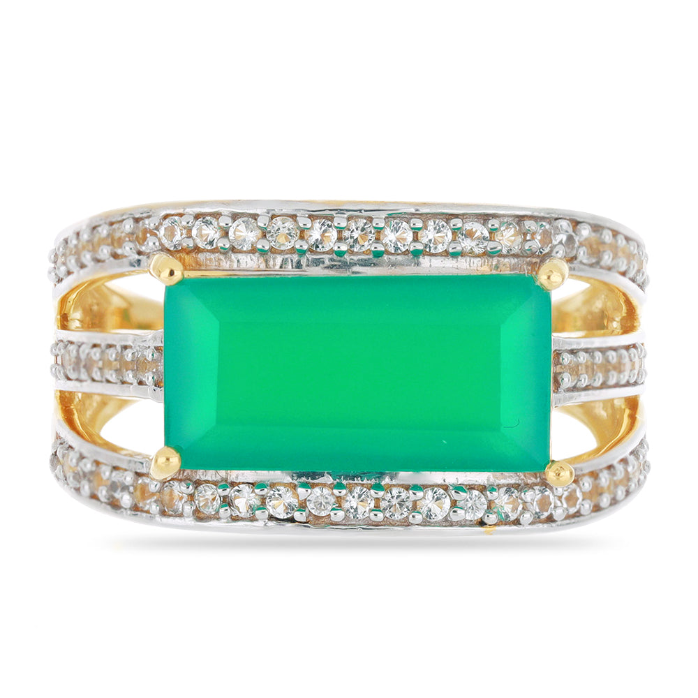 Goldplattierter Silberring mit grünem Achat und weißem Topas 1 