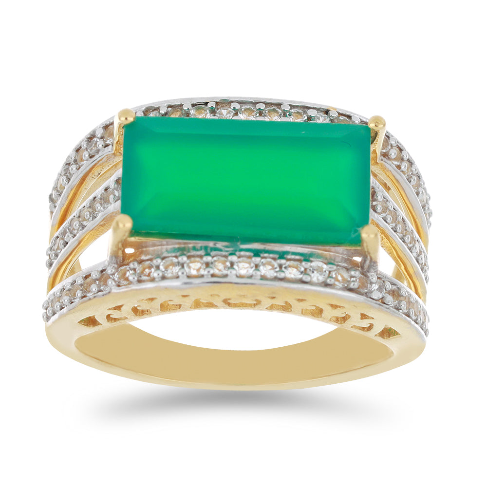 Goldplattierter Silberring mit grünem Achat und weißem Topas 3 