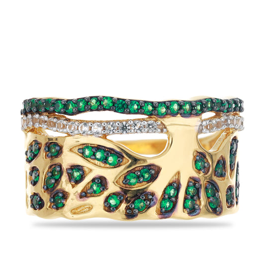 Goldplattierter Silberring mit grünem Achat und weißem Topas