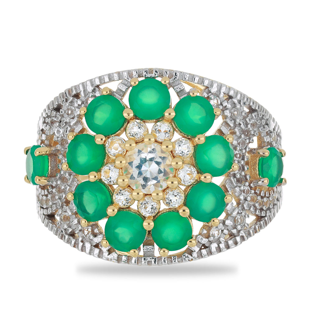 Goldplattierter Silberring mit grünem Achat und weißem Topas