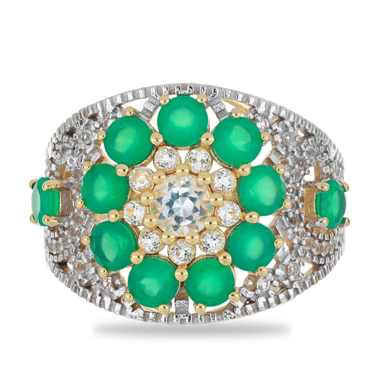 Goldplattierter Silberring mit grünem Achat und weißem Topas