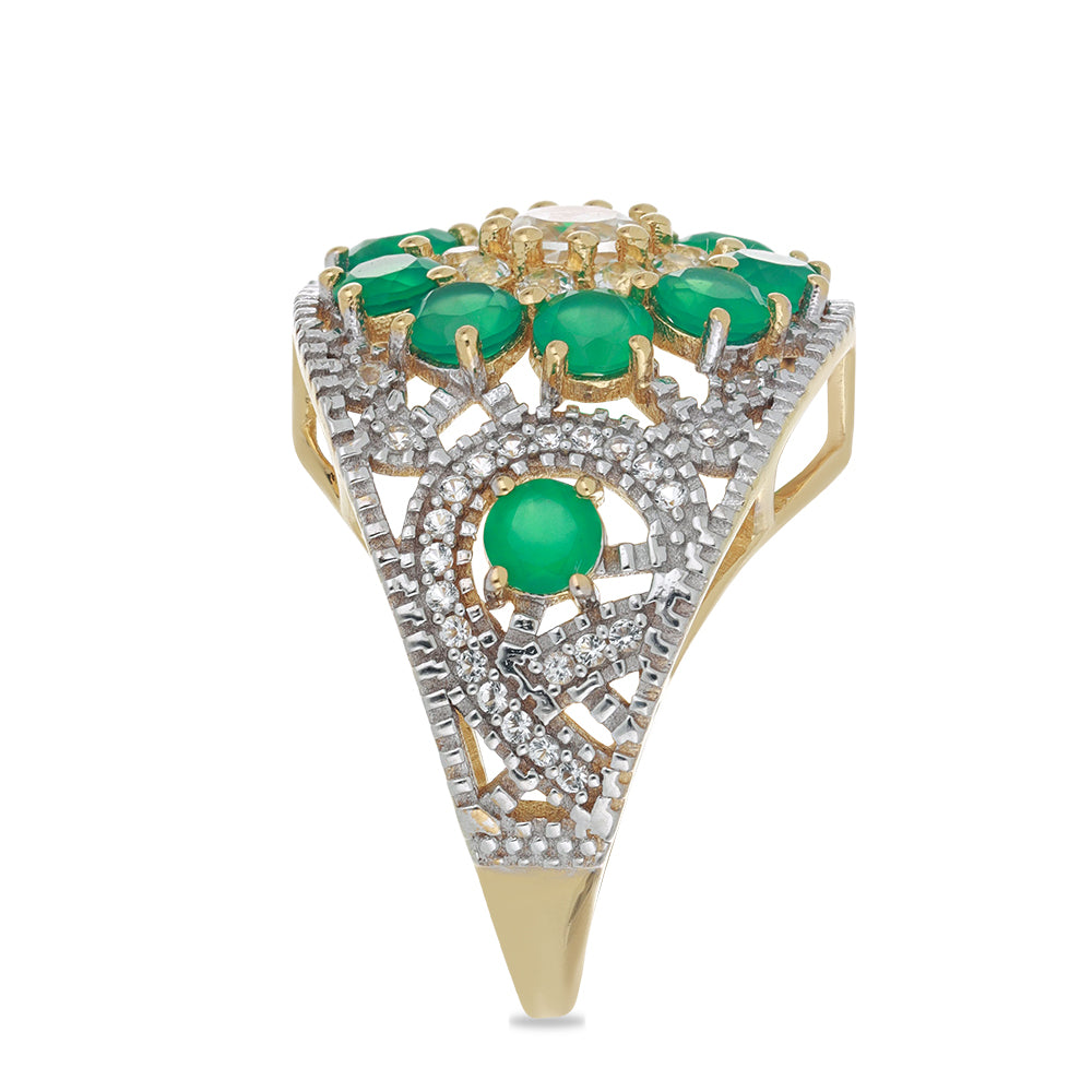 Goldplattierter Silberring mit grünem Achat und weißem Topas 4 