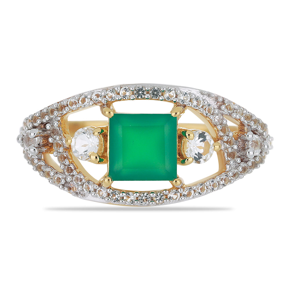 Goldplattierter Silberring mit grünem Achat und weißem Topas