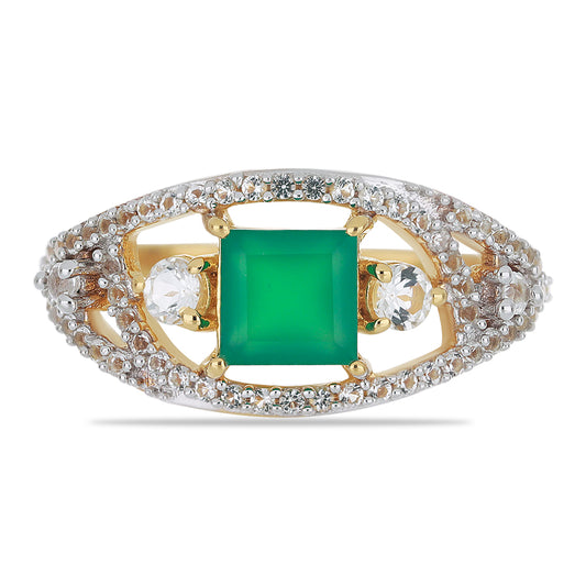 Goldplattierter Silberring mit grünem Achat und weißem Topas