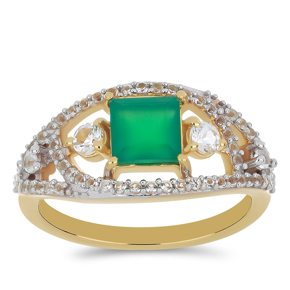 Goldplattierter Silberring mit grünem Achat und weißem Topas