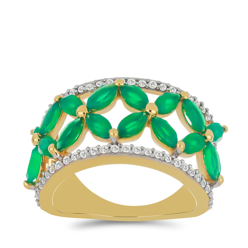 Goldplattierter Silberring mit grünem Achat und weißem Topas