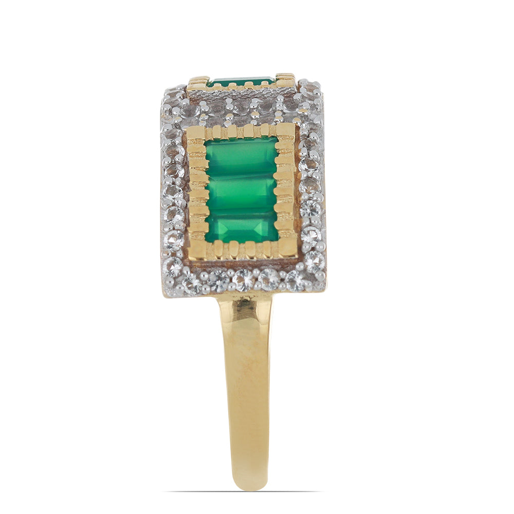 Goldplattierter Silberring mit grünem Achat und weißem Topas 4 