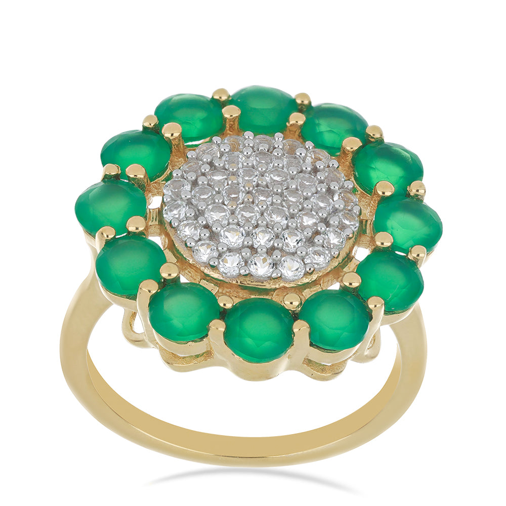 Goldplattierter Silberring mit grünem Achat und weißem Topas 3 