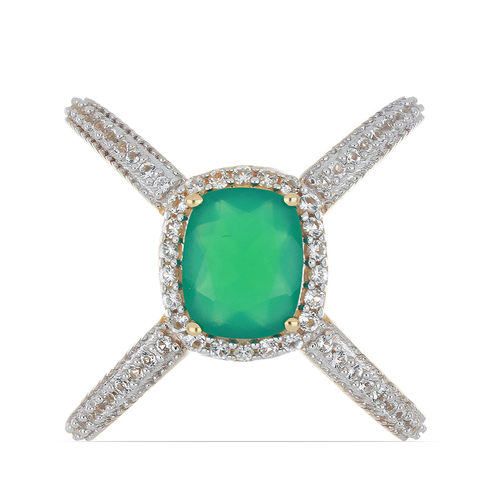 Goldplattierter Silberring mit grünem Achat und weißem Topas 1 