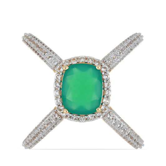 Goldplattierter Silberring mit grünem Achat und weißem Topas