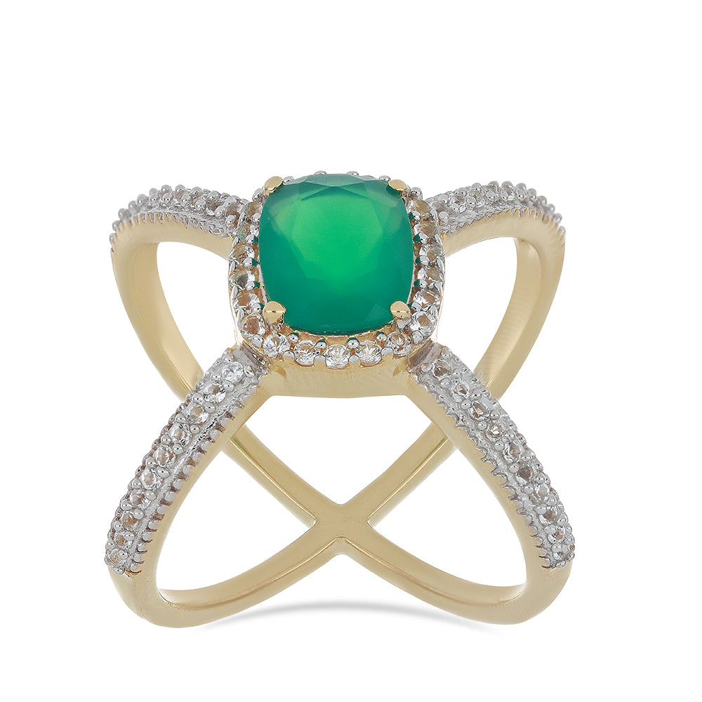 Goldplattierter Silberring mit grünem Achat und weißem Topas 3 