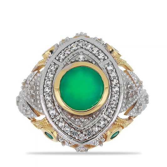 Goldplattierter Silberring mit grünem Achat und weißem Topas