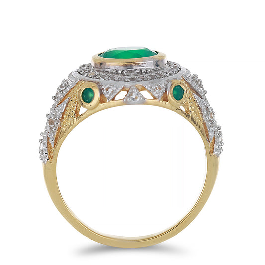 Goldplattierter Silberring mit grünem Achat und weißem Topas