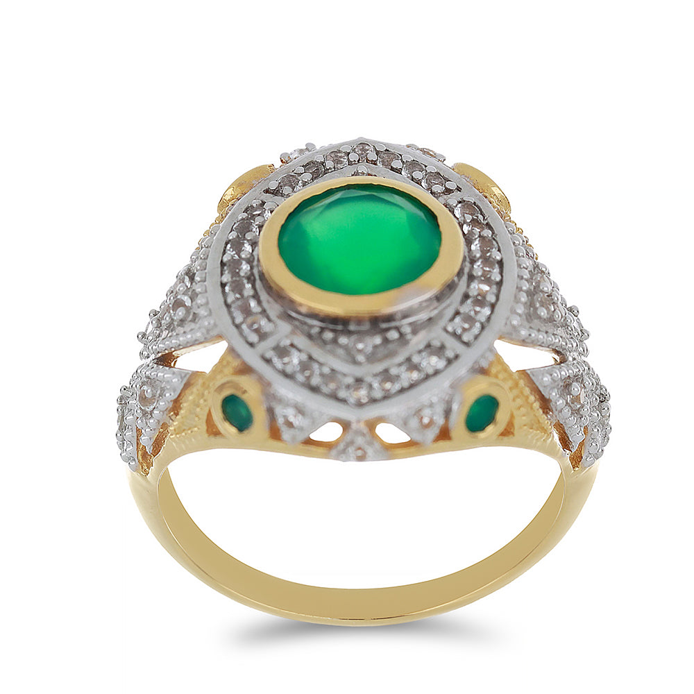 Goldplattierter Silberring mit grünem Achat und weißem Topas