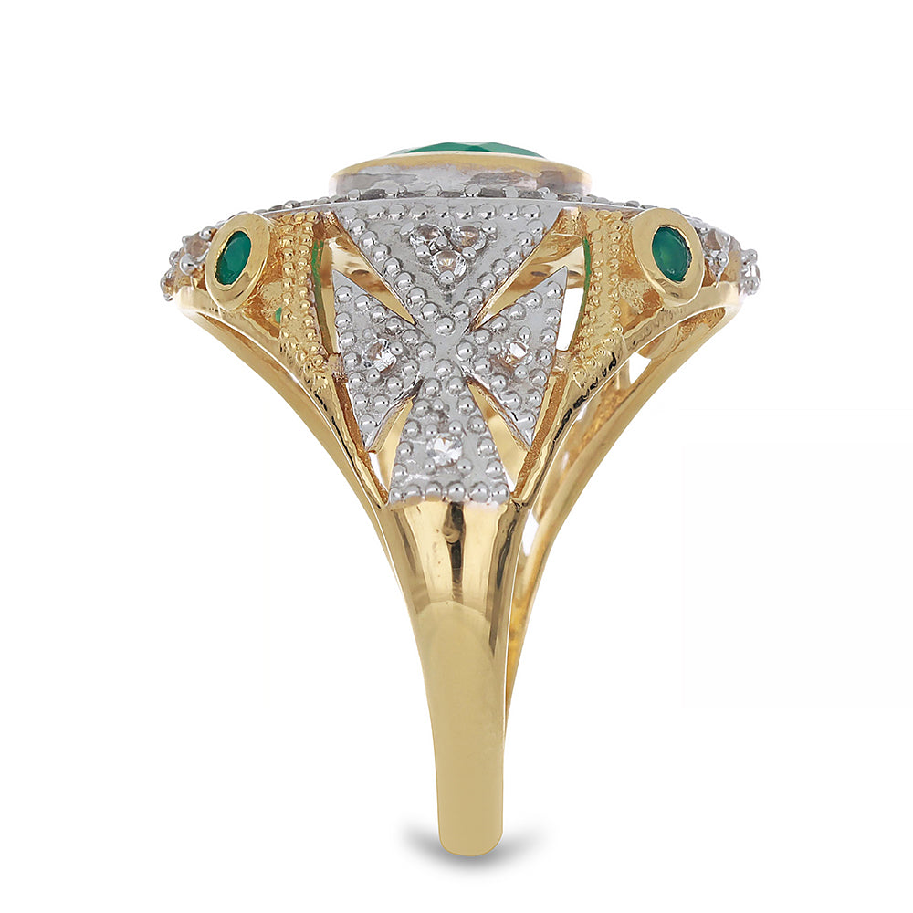 Goldplattierter Silberring mit grünem Achat und weißem Topas 4 