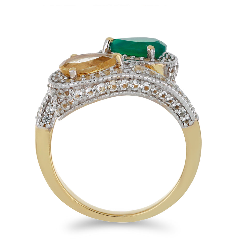 Goldplattierter Silberring mit grünem Achat und Zitrin aus dem Ural 2 