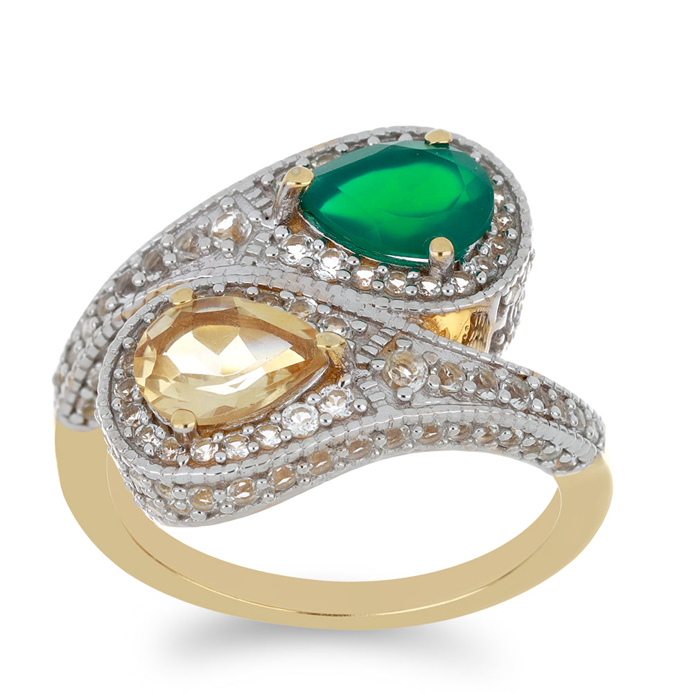 Goldplattierter Silberring mit grünem Achat und Zitrin aus dem Ural