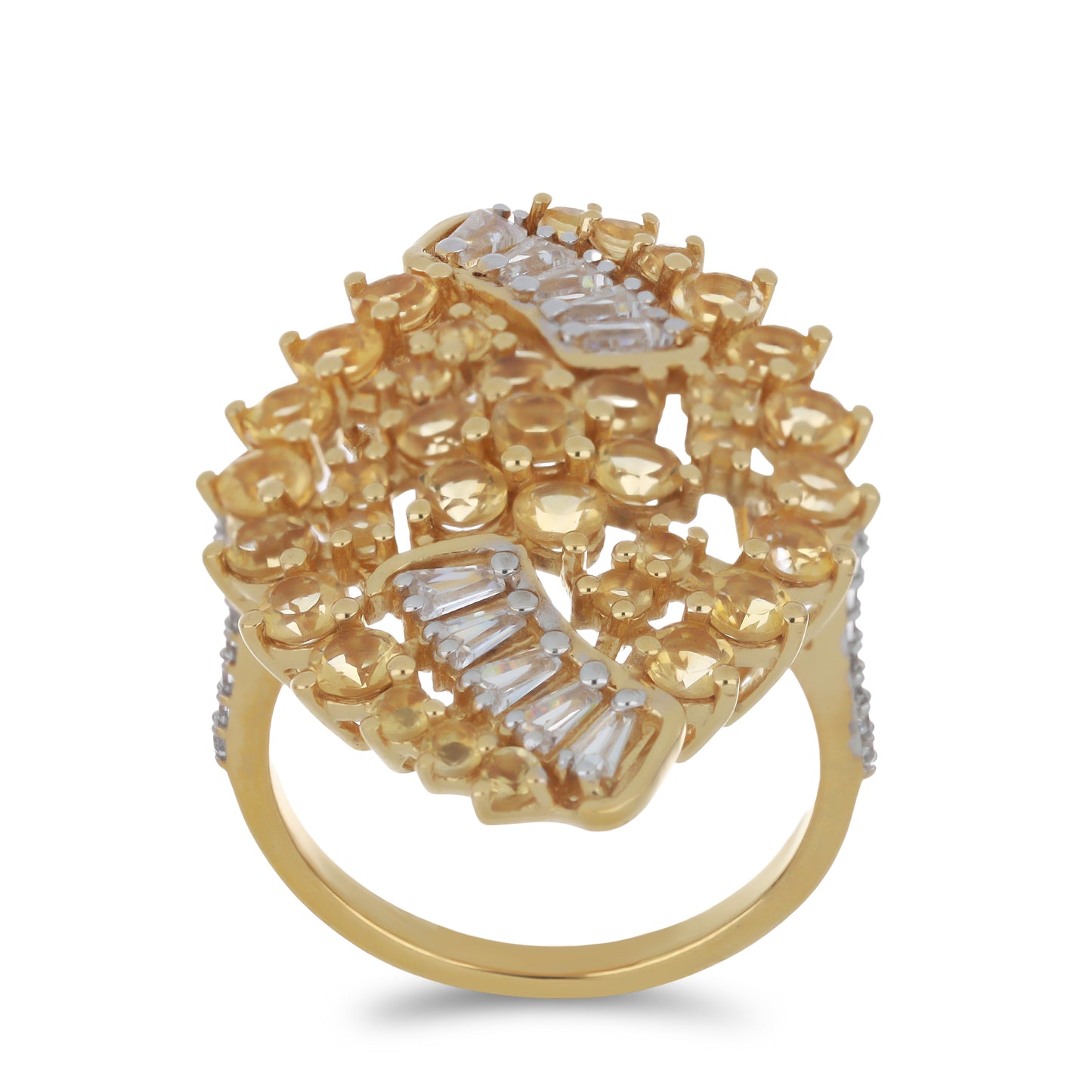 Goldplattierter Silberring mit Zitrin aus dem Ural und natürlichem weißem Zirkon