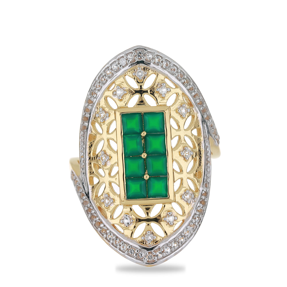 Goldplattierter Silberring mit grünem Achat und weißem Topas 1 