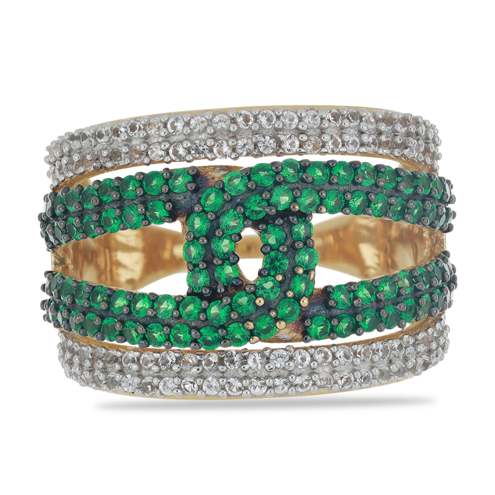 Goldplattierter Silberring mit grünem Achat und weißem Topas