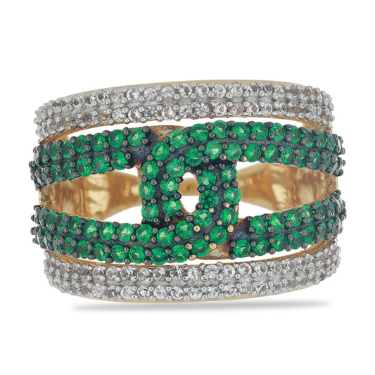 Goldplattierter Silberring mit grünem Achat und weißem Topas