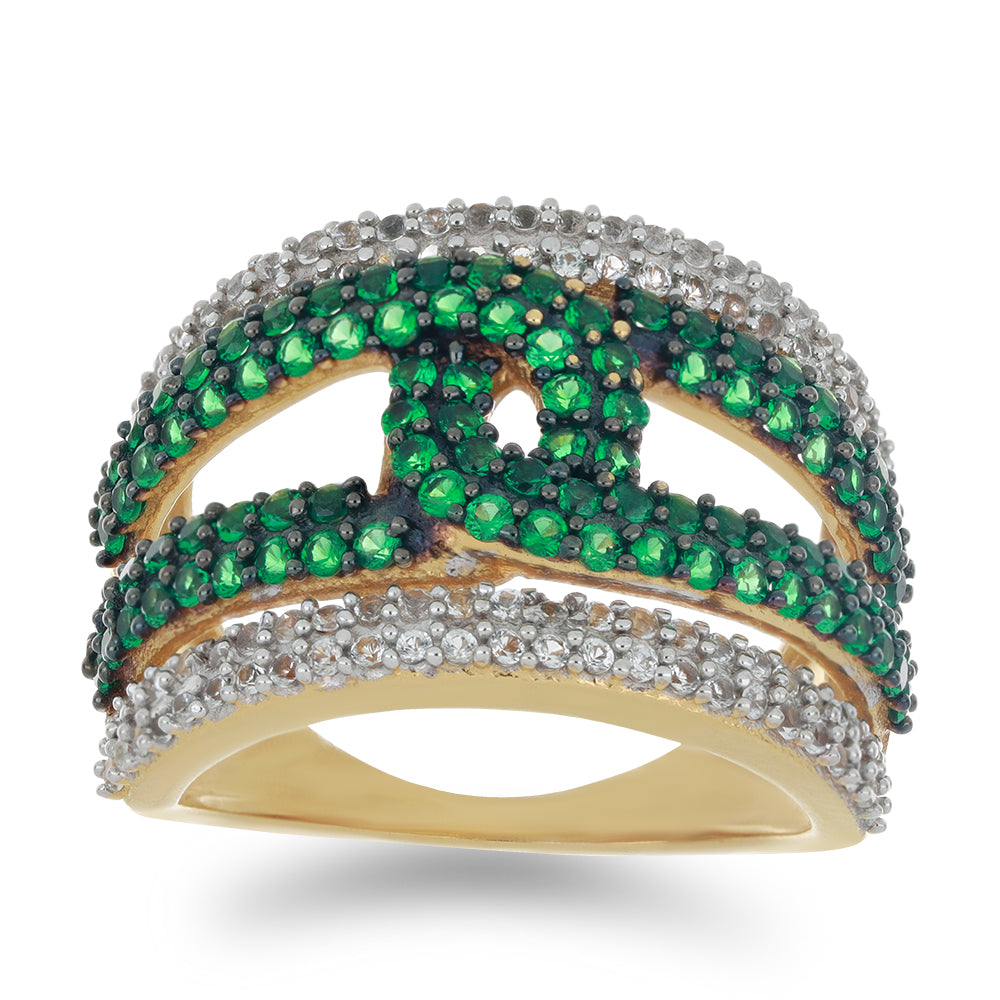 Goldplattierter Silberring mit grünem Achat und weißem Topas