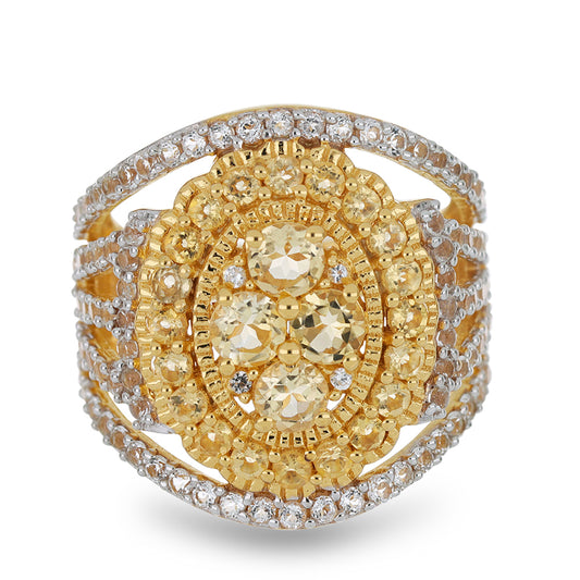 Goldplattierter Silberring mit Zitrin aus dem Ural und weißem Topas