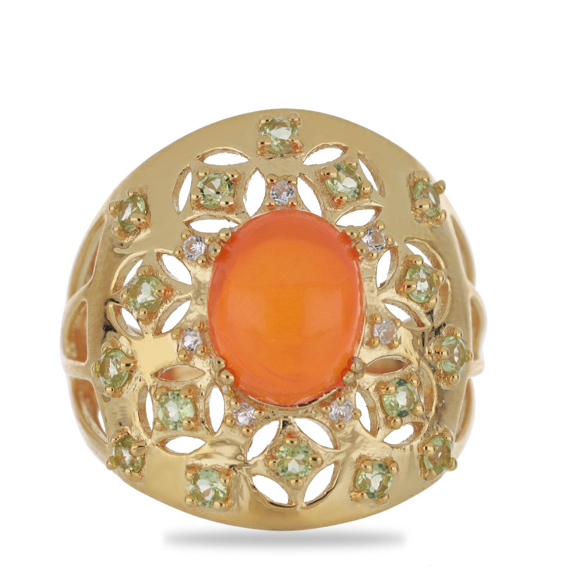 Goldplattierter Silberring mit orangefarbenem Opal aus Lega Dembi und Peridot aus Changbai 1 
