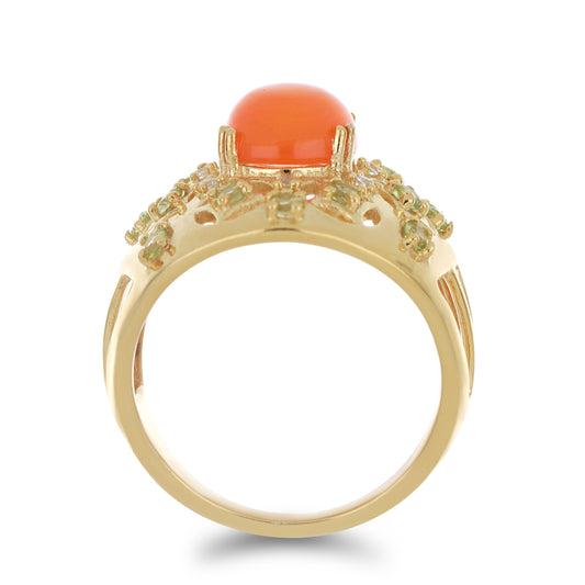 Goldplattierter Silberring mit orangefarbenem Opal aus Lega Dembi und Peridot aus Changbai