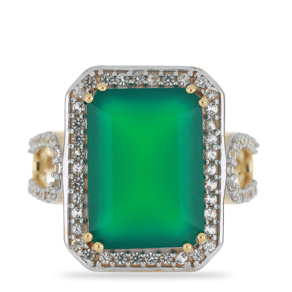 Goldplattierter Silberring mit grünem Achat und weißem Topas