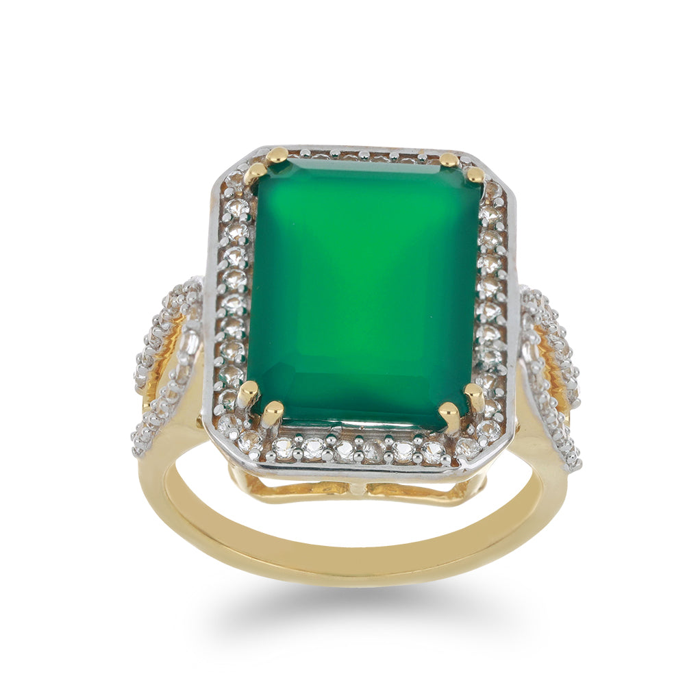 Goldplattierter Silberring mit grünem Achat und weißem Topas 3 