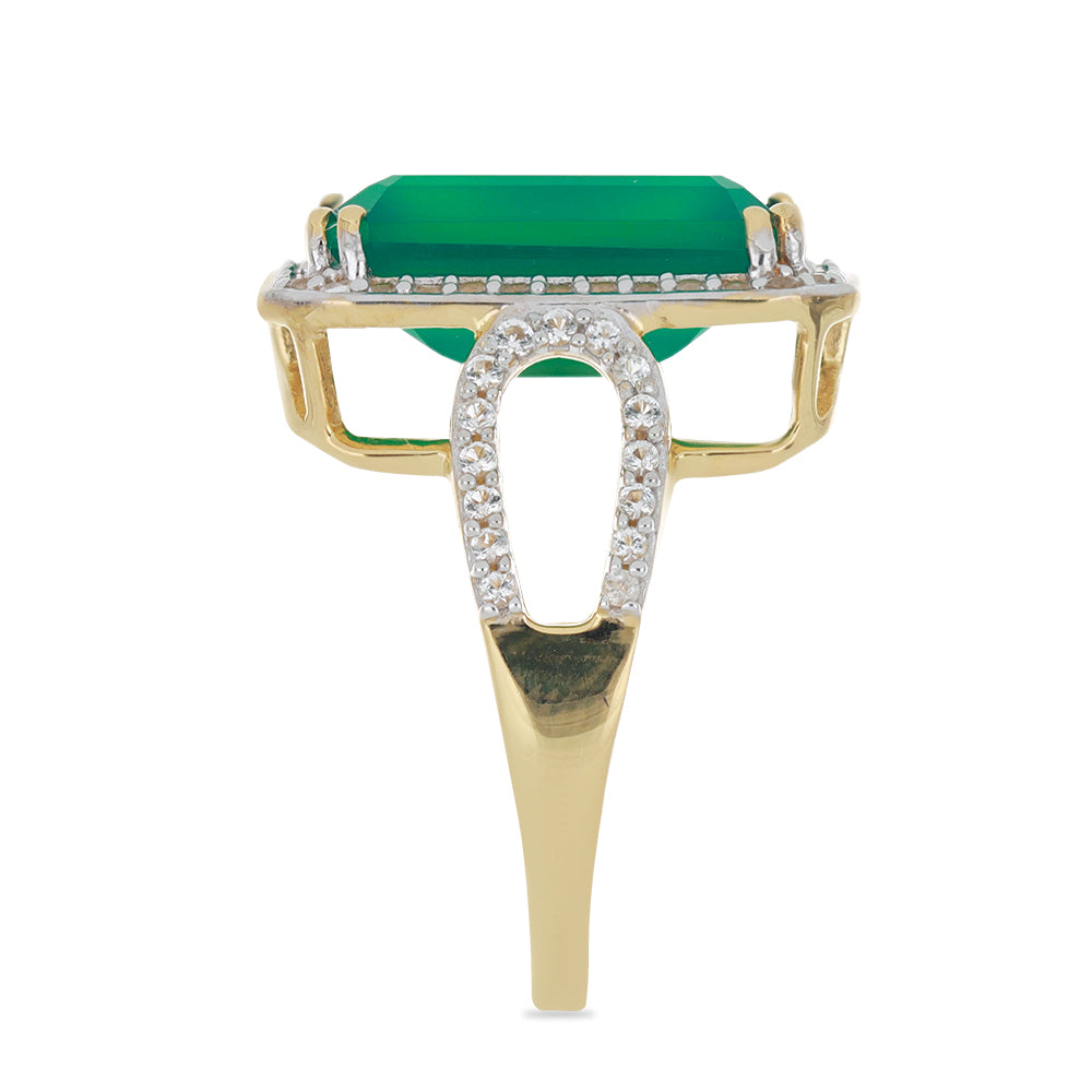 Goldplattierter Silberring mit grünem Achat und weißem Topas