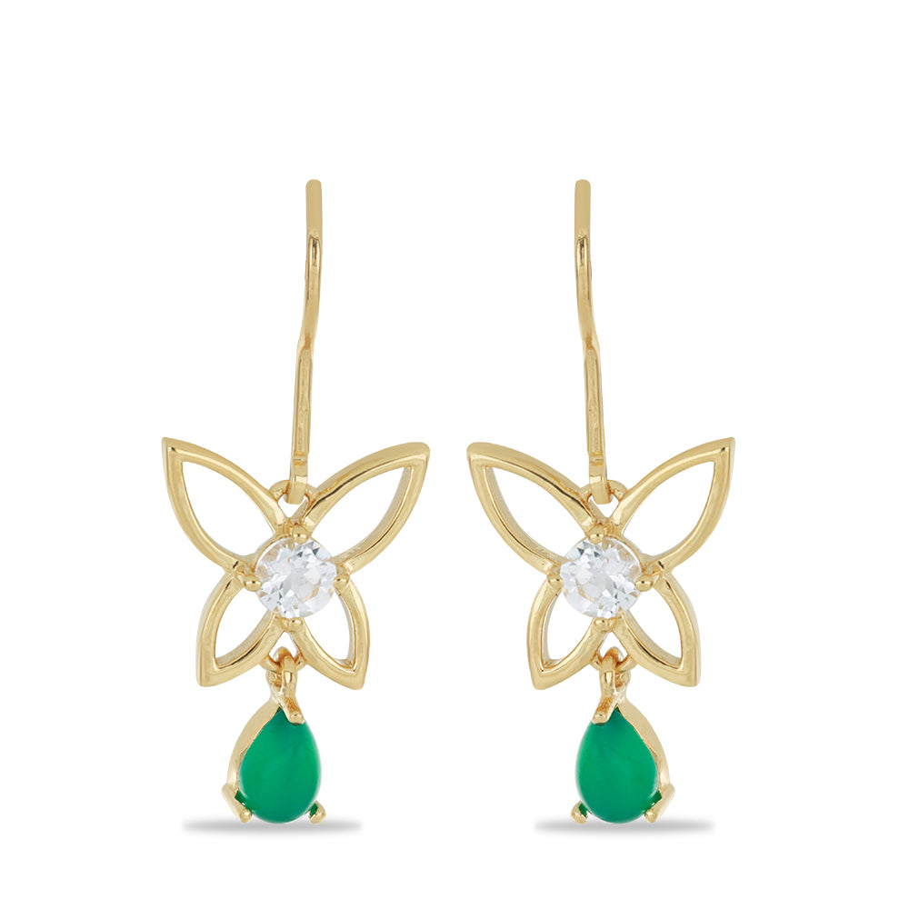 Goldplattierte Silberohrringe mit grünem Achat und weißem Topas