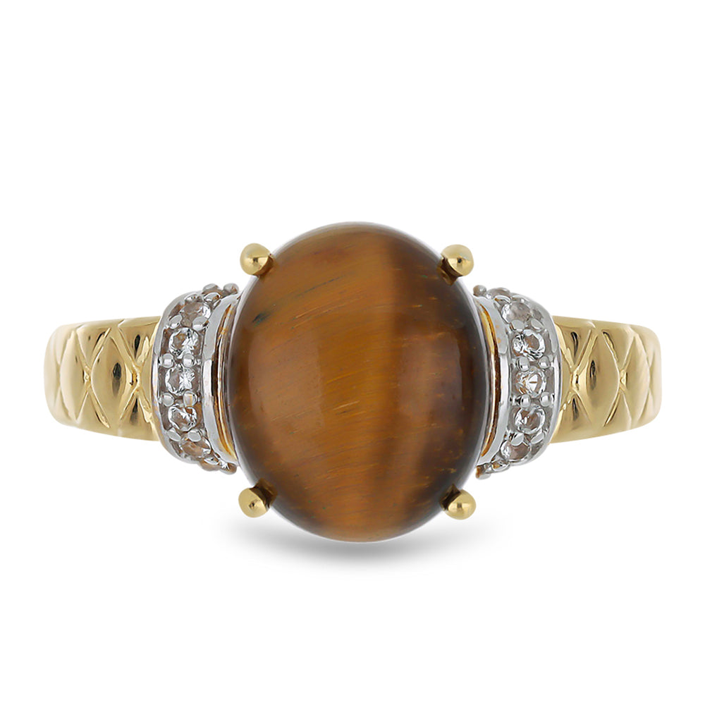 Goldplattierter Silberring mit Tigerauge aus Mount Brockman und weißem Topas 1 