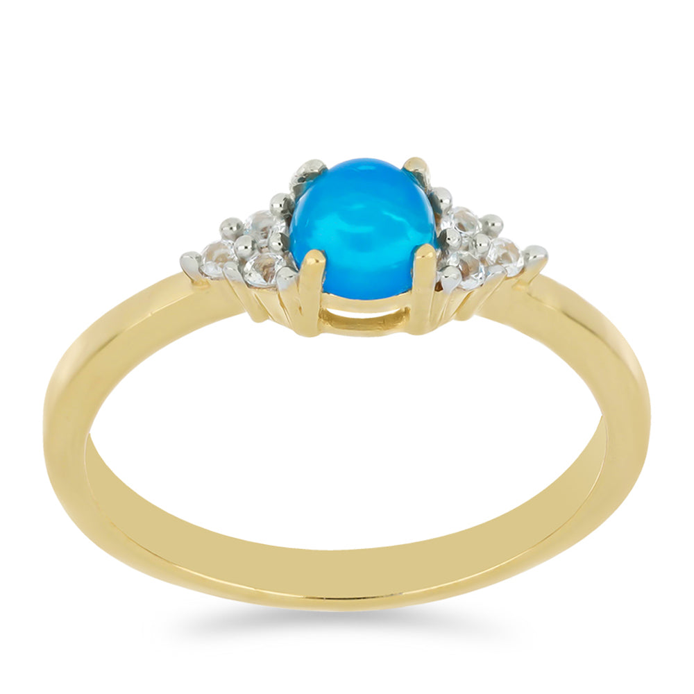 Goldplattierter Silberring mit blauem äthiopischem Opal aus Lega Dembi und weißem Topas