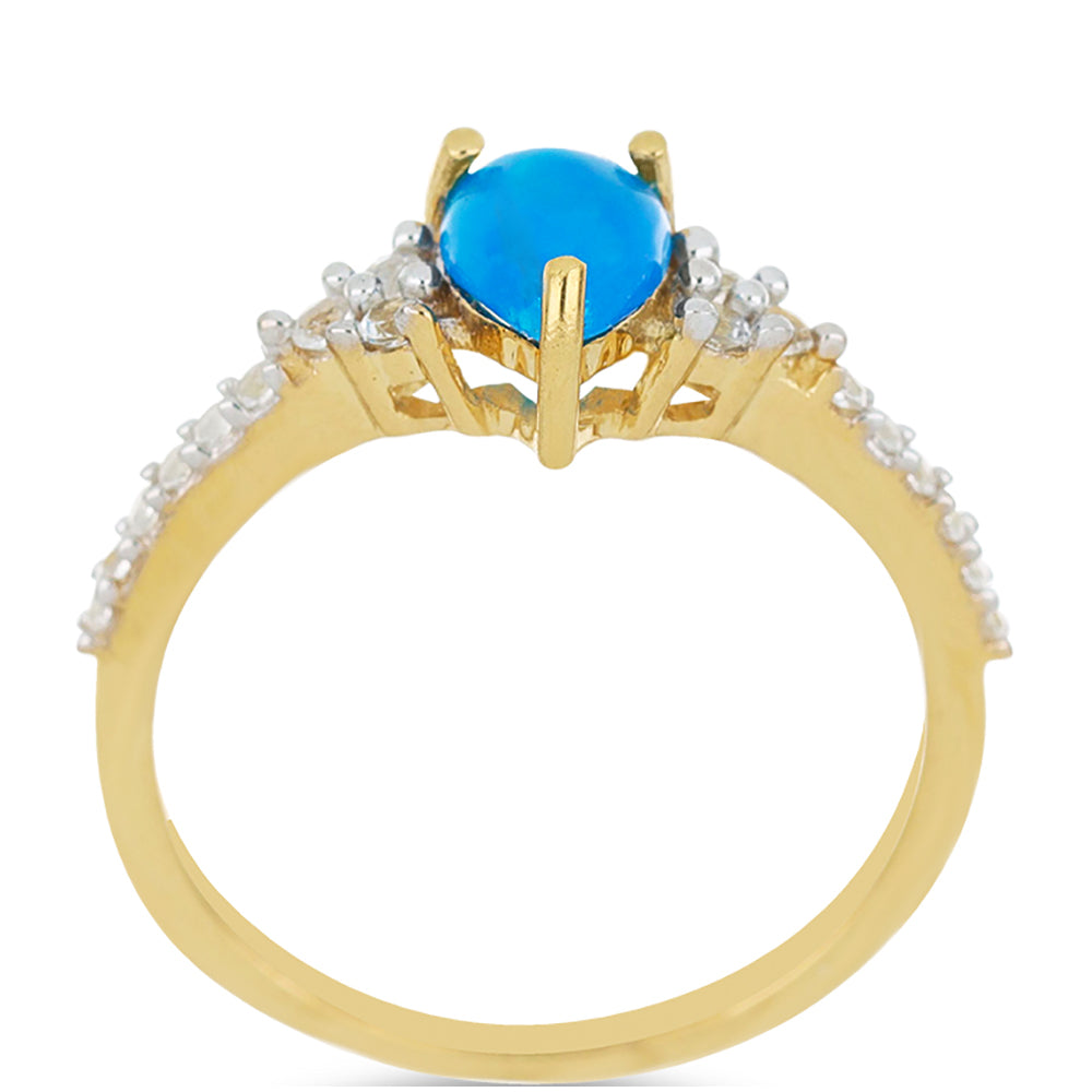Goldplattierter Silberring mit blauem äthiopischem Opal aus Lega Dembi und weißem Topas