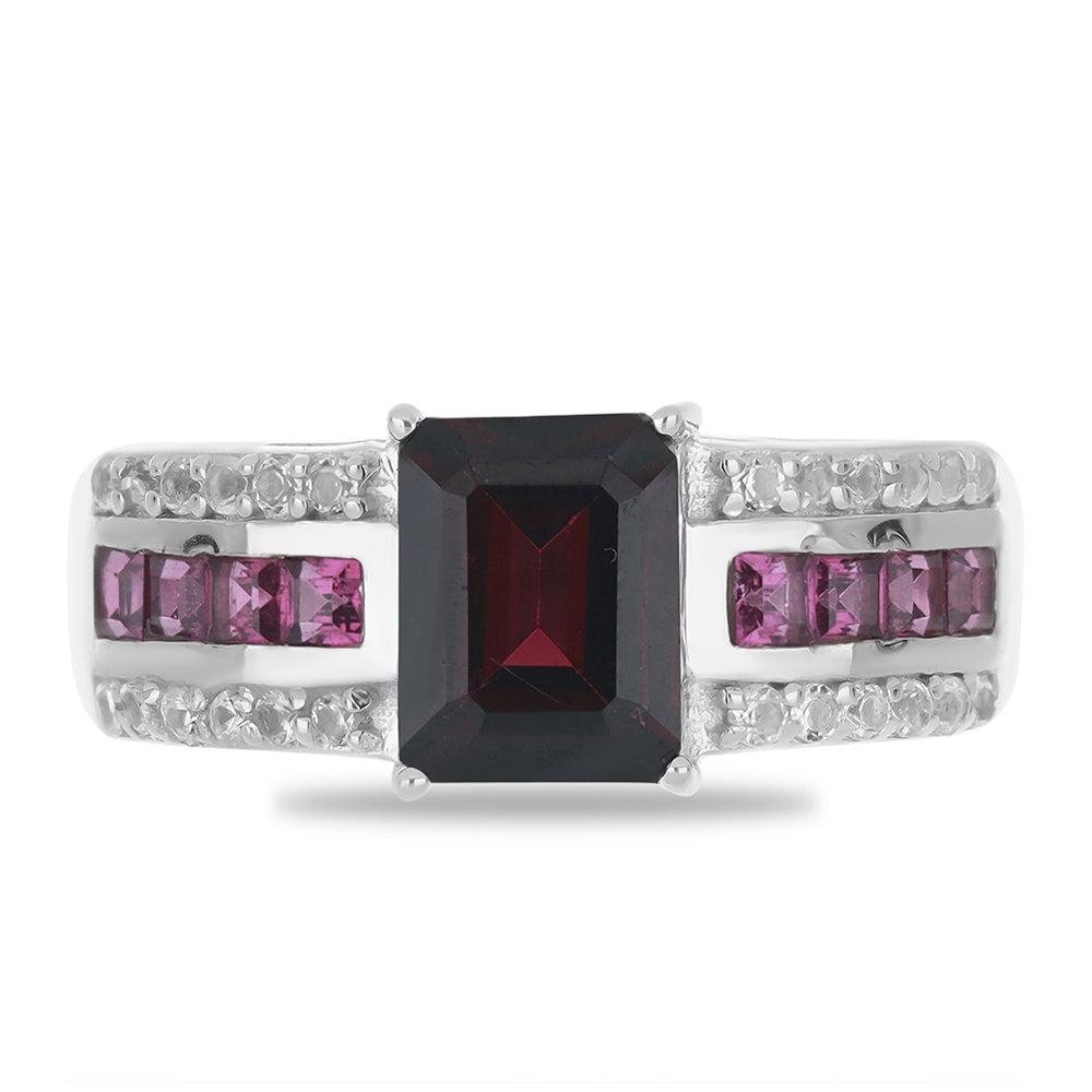 Silberring mit Rhodolith aus Moatize und weißem Topas 1 