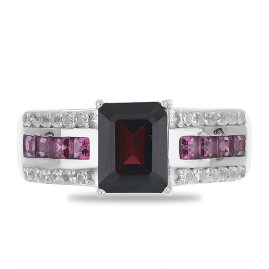 Silberring mit Rhodolith aus Moatize und weißem Topas