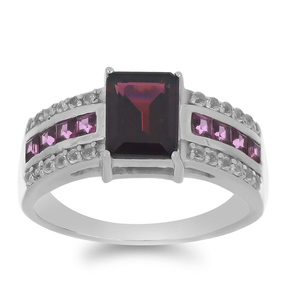 Silberring mit Rhodolith aus Moatize und weißem Topas 3 