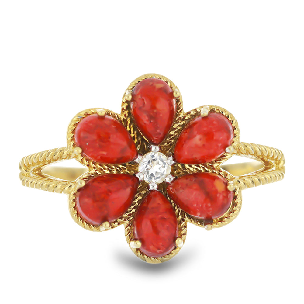 Goldplattierter Silberring mit roter Schwammkoralle und weißem Topas