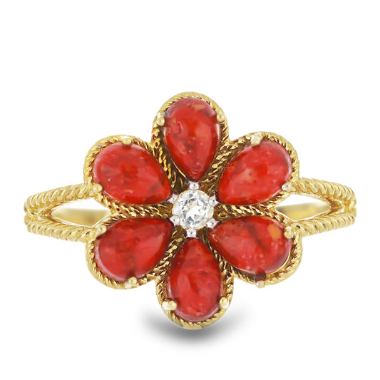 Goldplattierter Silberring mit roter Schwammkoralle und weißem Topas