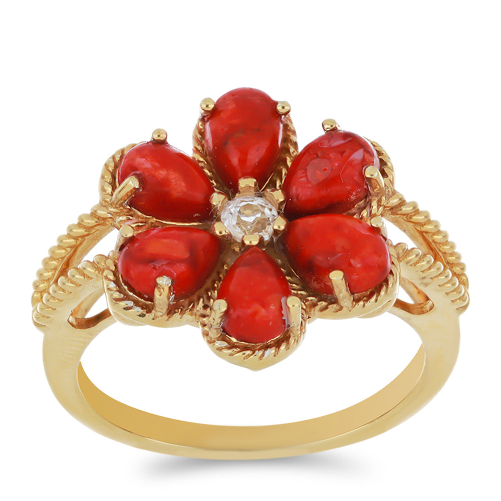 Goldplattierter Silberring mit roter Schwammkoralle und weißem Topas 3 