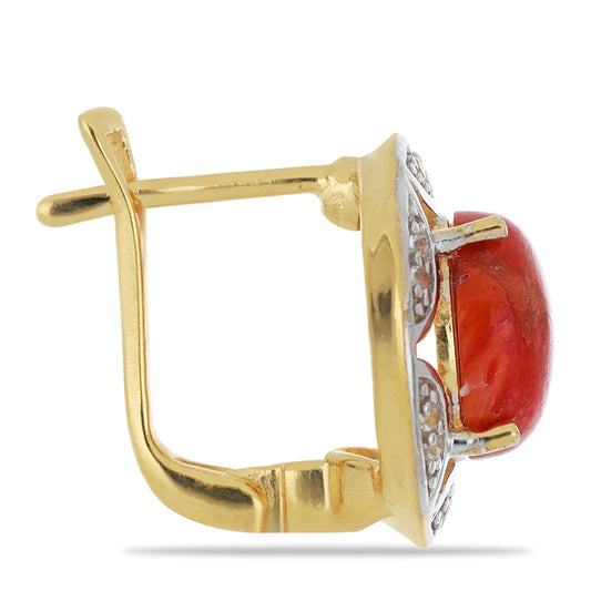 Goldplattierte Silberohrringe mit roter Schwammkoralle und weißem Topas